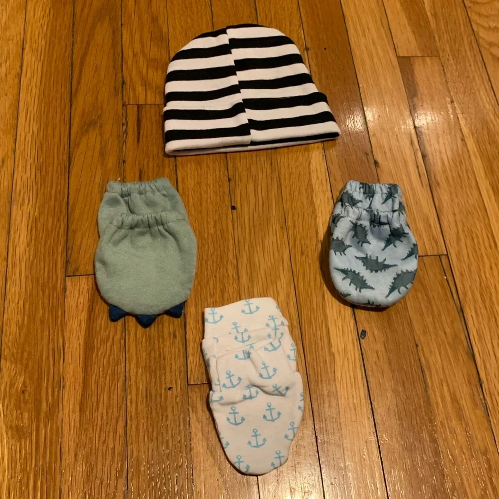 Striped Baby Hat and Patterned Mittens